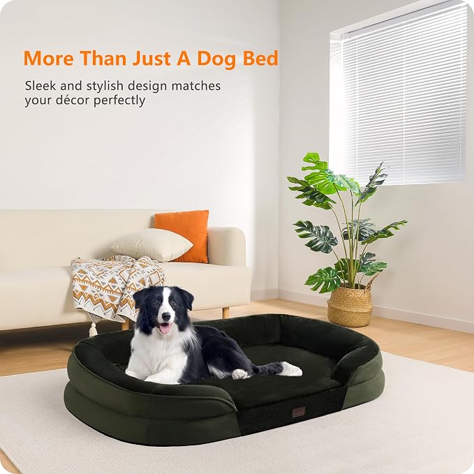 Dwanton Orthopedic Dog Bed for Large Dogs with Gel Memory Foam, Waterproof Dog Sofa, Washable Pet Bed with Four Sided Bolster Cushion, Removable Cover & Non-Slip Bottom, 38", Green