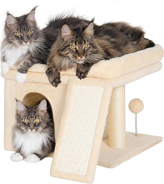 Aechonow Small Cat Tree Tower for Large Cat, Cat Bed House with Large Perch for Adult Cats, 20x16.5 Inch Big Platform for Indoor with Super Cozy Soft Mat, Large Cat Condo with Scratching Post, Beige