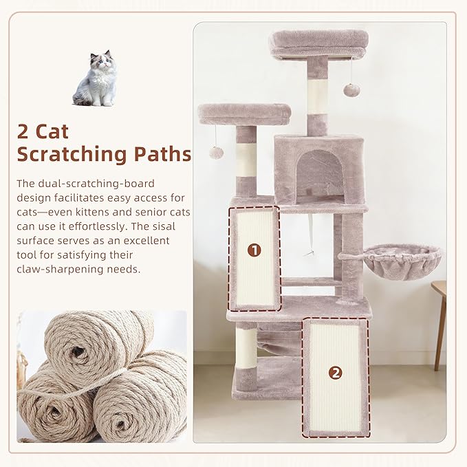 Gitelsnour Multi-Level Cat Tree for Indoor Cats, Cat Tower with 2 Scratching Boards, 2 Plush Padding Platforms, Cat Condo House with Hammock, Basket, Muchroom GCT022MU