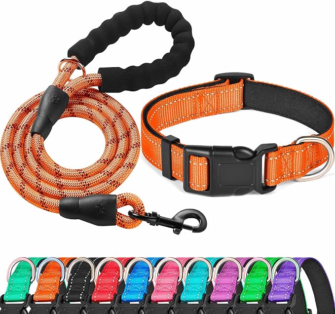 Ladoogo Reflective Dog Collar Padded with Soft Neoprene Breathable Adjustable Nylon Dog Collars for Small Medium Large Dogs (X-Small (Pack of 1), Orange Collar+Leash)