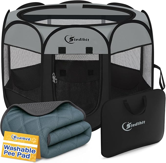 Siedihit Dog Cat Playpen with Washable Pee Pad, Puppy Pet Playpen Indoor for Small Dog Crate Tent Cage Outdoor, Portable Pop Up Dogs Enclosure Kennel with Carrying Case,Dark Grey