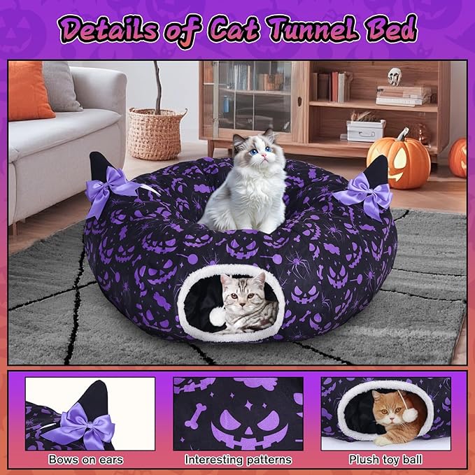 Tidjani Cat Tunnel Bed, Cat Tunnels for Indoor Cats, Foldable Cat Donut Bed with Washable Mat and Dangling Balls, Purple Bowknot, Ghost Spider Pattern Decor Pet Toys for Small Animals