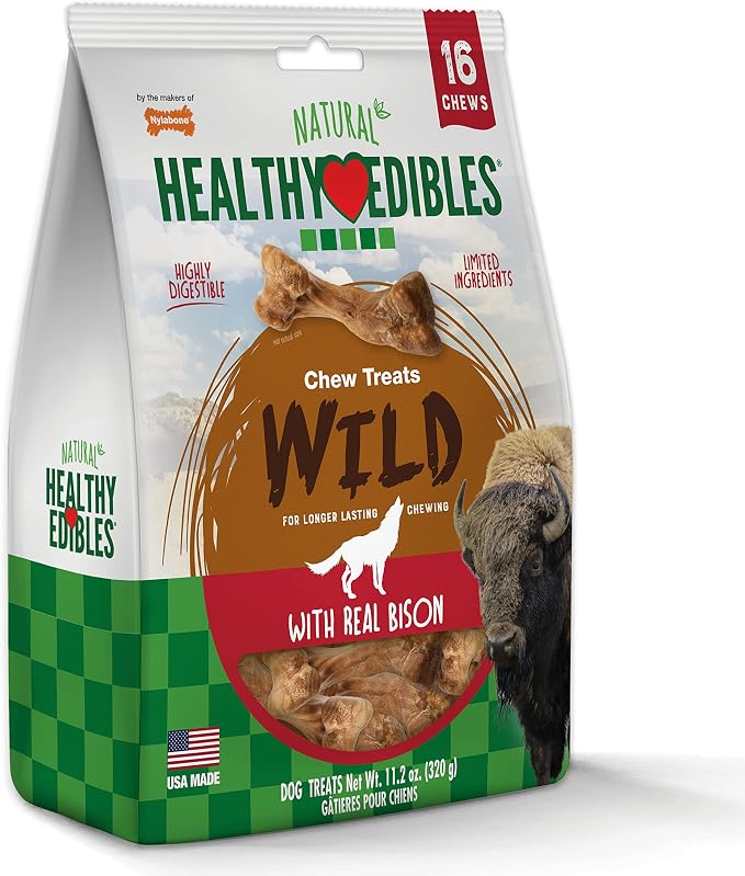 Nylabone Healthy Edibles WILD Natural Dog Chew Treats, Bison Flavor, Small Dogs Up to 20 lbs - Made in USA (16 Count)
