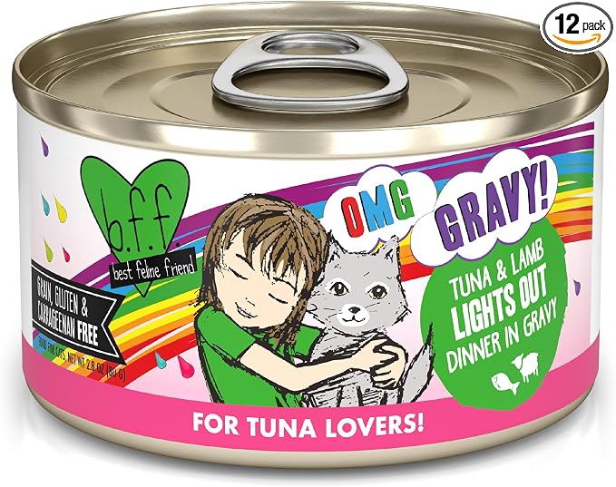 Weruva B.F.F. OMG - Best Feline Friend Oh My Gravy!, Tuna & Lamb Lights Out with Tuna & Lamb, 2.8oz Can (Pack of 12)