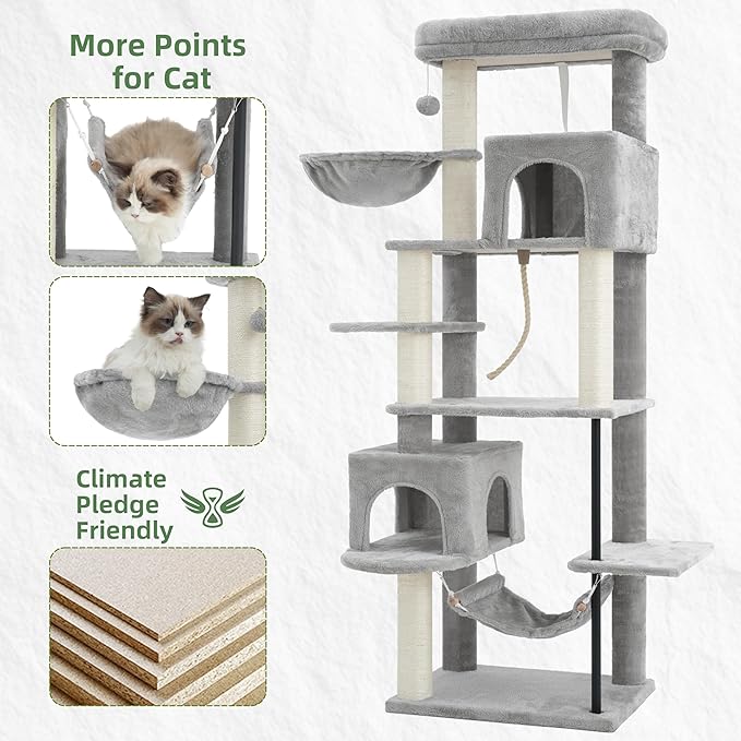 Gitelsnour Cat Tree for Indoor Cats Large Adult, 70.5'' Cat Tower with Scratching Post, Sturdy Steel Pube Cat Tree Tower with Large Playing Platfrom, Hammock and Basket, Top Perch, Light Gray GCT024W