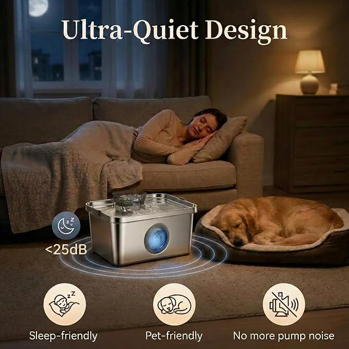 PETTEN 12L Large Dog Water Fountain for Large Dogs & Multi-Pet Homes,304 Stainless Steel 3Gal Pet Water Fountain Ultra Quiet Automatic Water Dispenser, Advanced Filtration, Easy Clean Indoor Use