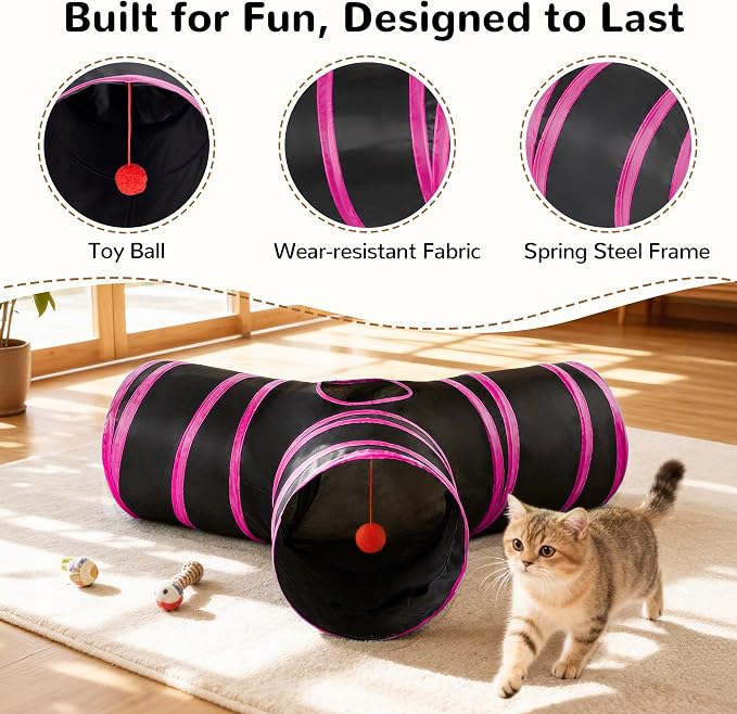Tempcore Cat Tunnel for Indoor Cats, 3 Way Collapsible Pet Play Tunnel with Teaser Wand, Peek Holes & Hanging Ball, Interactive Tube for Kittens & Rabbits, Black & Rose Red