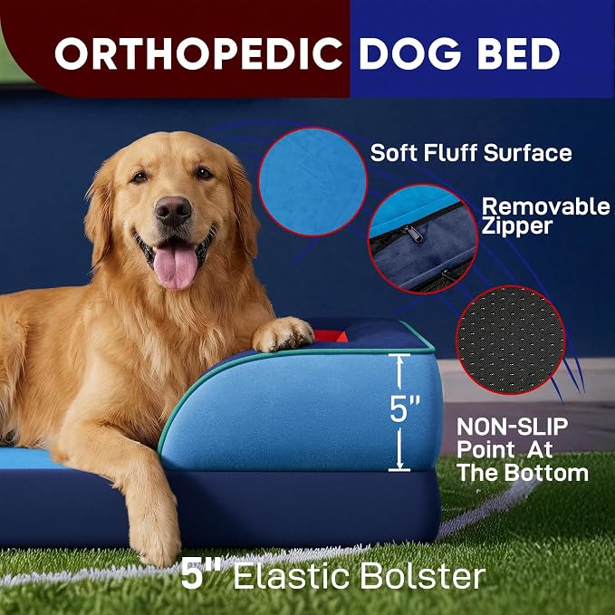 Comfort Expression Orthopedic Dog Bed for Extra Large Dogs 42x30 Inch, Waterproof Egg Crate Foam XL Pet Bed with Bolsters, Dog Couch with Washable Cover & Non-Slip Bottom, Philadelphia