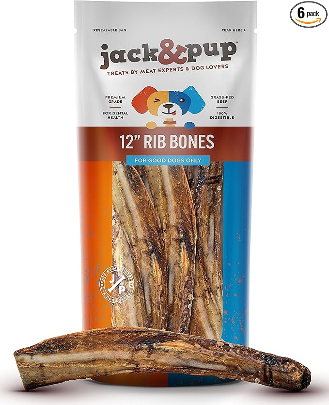 Jack&Pup 12" Rib Bones for Dogs (6 Pack), All Natural Dog Beef Bones, Single Ingredient Bone Marrow, Real Bone for Dogs