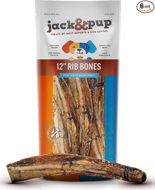 Jack&Pup 12" Rib Bones for Dogs (6 Pack), All Natural Dog Beef Bones, Single Ingredient Bone Marrow, Real Bone for Dogs