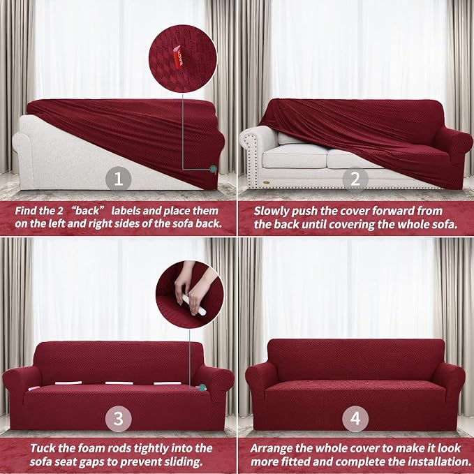 YEMYHOM Couch Cover Latest Jacquard Design High Stretch Sofa Covers for 3 Cushion Couch, Pet Dog Cat Proof Slipcover Non Slip Magic Elastic Furniture Protector (Sofa, Christmas Wine Red)