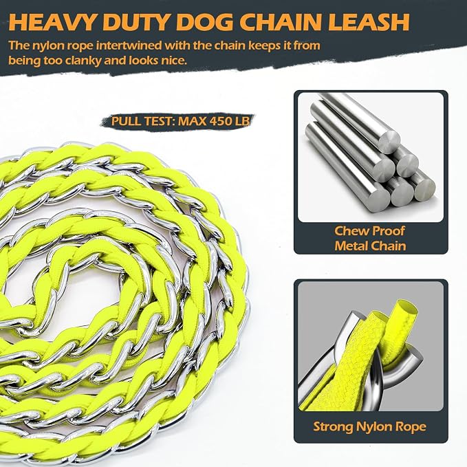 Chain Dog Leash Chew Proof Metal Leash for Medium Large Dogs, Chain Link Dog Anti Chew 5.2FT / 4FT Strong Anti Bite Comfortable Soft Padded Handle (Yellow, 4FT(80-150lb))