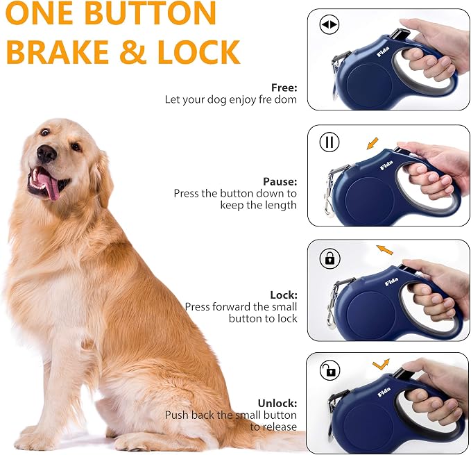 Fida Retractable Dog Leash with Dispenser and Poop Bags, 16 ft Pet Walking Leash for Medium Dog or Cat up to 44 lbs, Anti-Slip Handle, Tangle Free, Reflective Nylon Tape (M, Navy Blue)