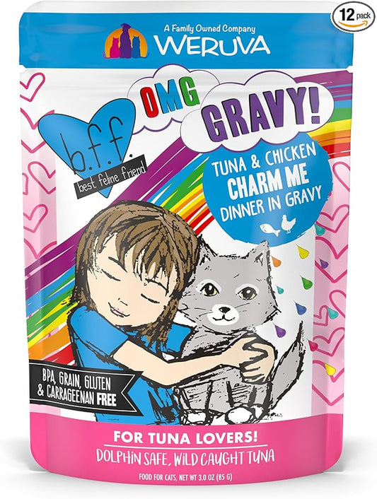Weruva B.F.F. OMG - Best Feline Friend Oh My Gravy! Tuna & Chicken Charm Me with Tuna & Chicken in Gravy Cat Food, 3oz Pouch (Pack of 12)