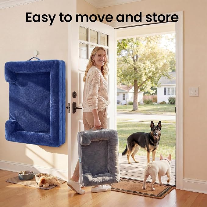 OhGeni Orthopedic Dog Bed Couch Big Cat Sofa for Extra Large Sized Pets with Memory Foam, Machine-Washable Waterproof Removable Cover, Soft Comfortable Fabric, 44-inch (Blue)
