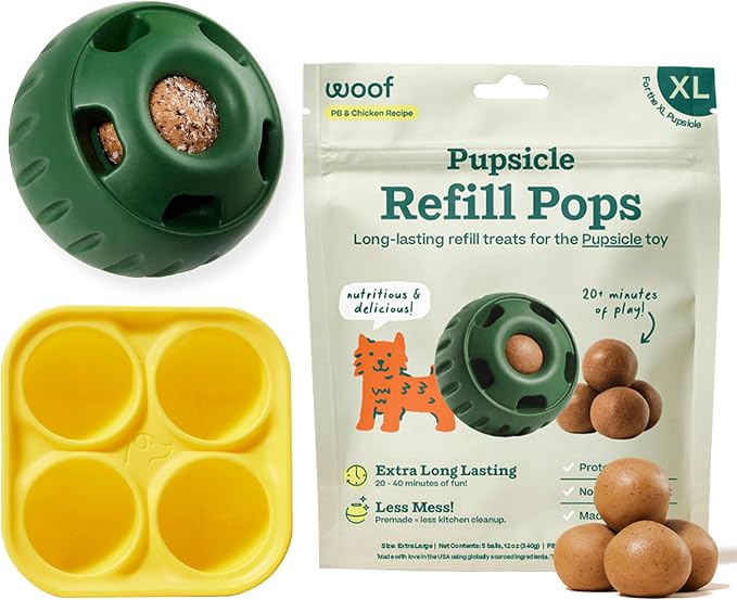 WOOF Starter Pack - Interactive Dog Ball Toy for Boredom - Dog Treat Molds Silicone - Chicken-Flavored Healthy Treats for Dogs - Pupsicle Doggy Enrichment Toy - for XL Pups - 75+ lbs