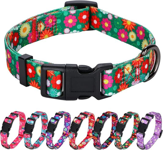 Girl Dog Collars Summer Daisy Flower Pattern, Female Adjustable Collar for Puppy, Large, Green