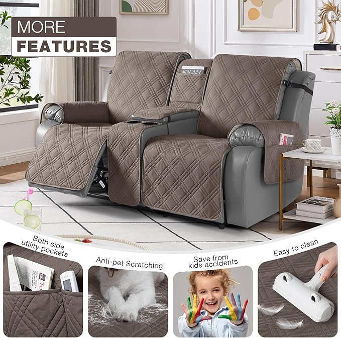 TAOCOCO Waterproof Loveseat Recliner Cover with Console, Non-Slip Reclining Loveseat with Console Cover with Pocket, Split Recliner Sofa Covers Furniture Protector for Pets Dogs(2 Seater, Taupe)