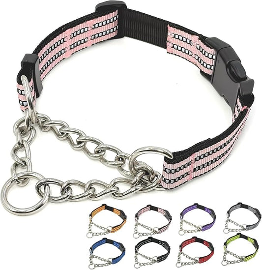 Martingale Dog Collars, Reflective Nylon Collar with Stainless Steel Chain, Adjustable Walking Training Dog Collars with Quick Release Buckle, Suitable for Small Medium Large Dogs(Pink,S)