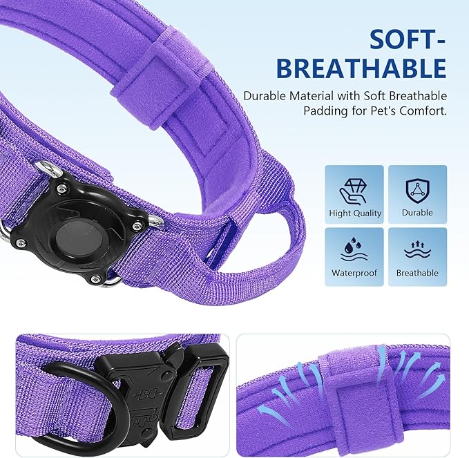 Tactical AirTag Dog Collar with Waterproof Holder(1st/2nd Generation) | Military-Grade Adjustable Collar, Comfortable Control Handle & Metal Buckle for Medium Dogs，Smart QR ID tag (Purple, M)
