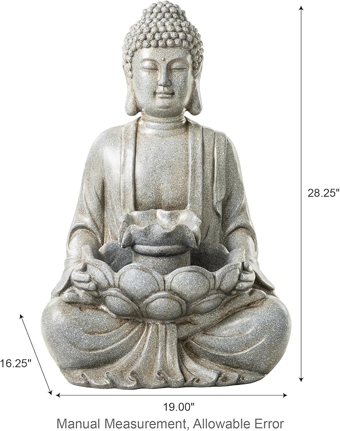 Glitzhome Buddha Outdoor Water Fountain with Lights and Pump, 28.25" H Zen Style Outdoor Fountain Concrete Meditating Buddha Statue Polyresin Garden Fountain Waterfall for Patio, Porch, or Yard Decor