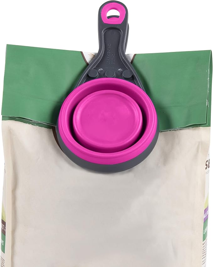 Dexas Pets Collapsible KlipScoop Collapsible Dry Dog Food Scoop and Dog Food Bag Clip, 1 Cup Capacity, Fuchsia