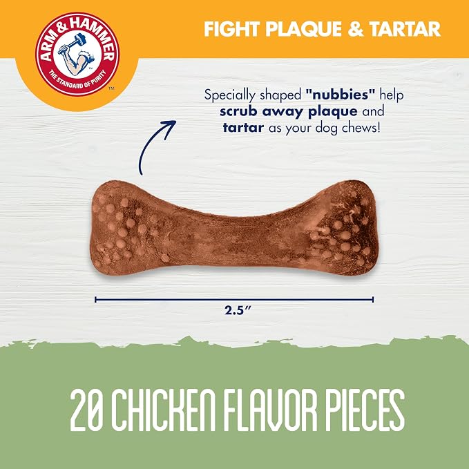 Arm & Hammer for Pets Nubbies Dental Treats Baking Soda Calcium Nubbed Texture Helps Scrub Plaque Tartar Chicken Flavor Daily Oral Care 20 Count 7 OZ Single Bag Daily Home Dental Care Bag
