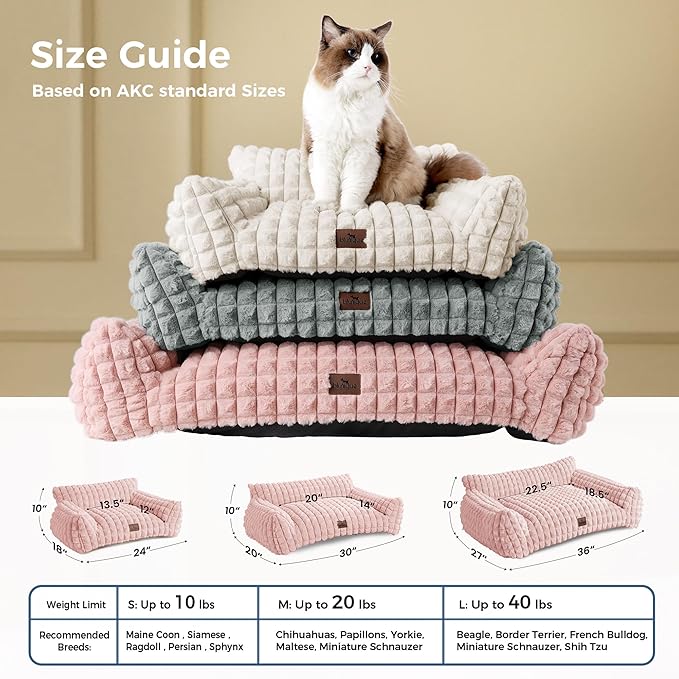 Cat Bed for Indoor Cats - Cute Pink Cat Couch Beds, Fluffy Pet Couch with Faux Rabbit Fur Washable Cover, Fuzzy Pet Sofa in 3D Diamond Pattern, 24inch