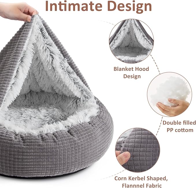 MIXJOY Small Dog Bed Cat Bed with Blanket Attached, Round Hooded Cozy Dog Cave Beds for Small Dogs, Soft Plush Cuddler Puppy Pet Bed, Anti-Slip Bottom, 23inch