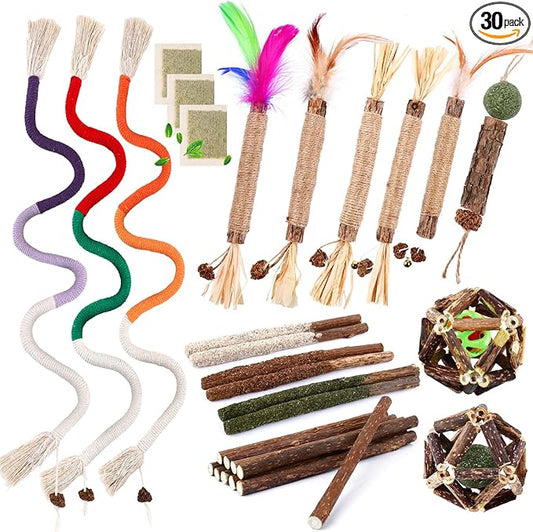 WOUSEDO 27 Pack Catnip Chew Toys for Cats,Cotton Sisal Rope Toys,Cat Natural Silvervine Sticks,for Cat Teeth Cleaning and Dental Care,Interactive Toy for Bored Indoor Cats