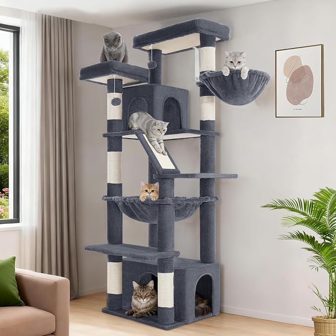 Hzuaneri Large Cat Tree, 72 Inch Tall Indoor Cat Tower for 6 Large Cats, Corner Climbing Activity Pet Condo with 2 Large Platforms/2 Cats House/6 Scratching Post/1 Hanging Basket, Dark Gray MS18318SG