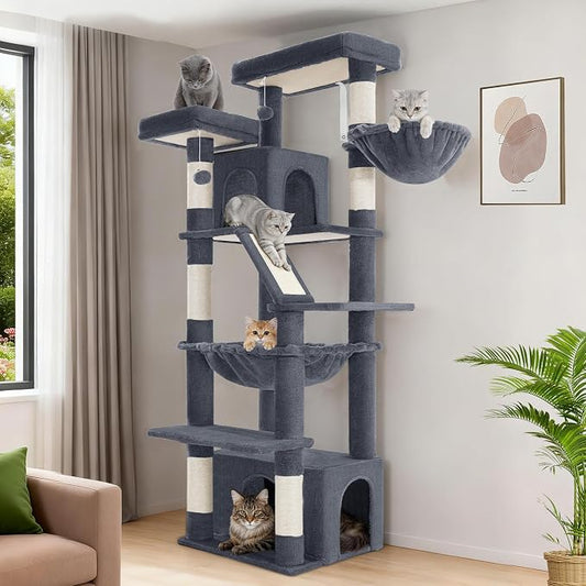 Hzuaneri Large Cat Tree, 72 Inch Tall Indoor Cat Tower for 6 Large Cats, Corner Climbing Activity Pet Condo with 2 Large Platforms/2 Cats House/6 Scratching Post/1 Hanging Basket, Dark Gray MS18318SG