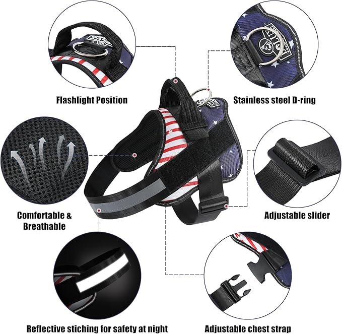 Dog Harness, No-Pull Reflective Dog Vest, Breathable Adjustable Pet Harness with Handle for Outdoor Walking - No More Pulling, Tugging or Choking (Flag, Medium)