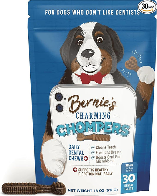 Bernie's Charming Chompers - Daily Dental Chews for Dogs 15-25 Lbs. - 30 Count - Cleans Teeth, Freshens Breath, + Boosts Oral-Gut Microbiome. Easy to Digest, Supports Healthy Digestion Naturally