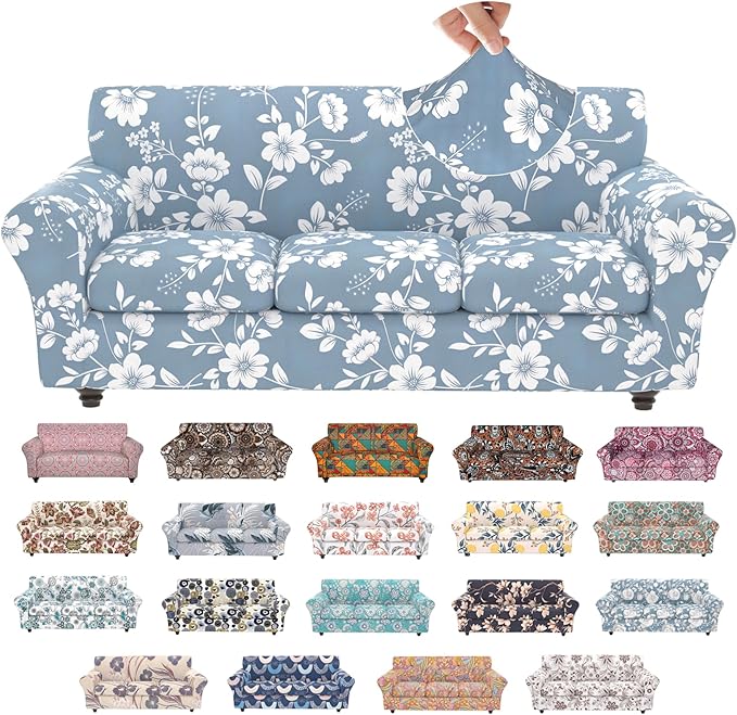 Stretch Couch Covers for 3 Separate Cushion Couch Sofa,Floral Printed Couch Sofa Cover,Washable Sofa Slipcover,Pet Friendly Furniture Protector with Elastic Bottom,Universal Fit for Home(Sofa,Cover)