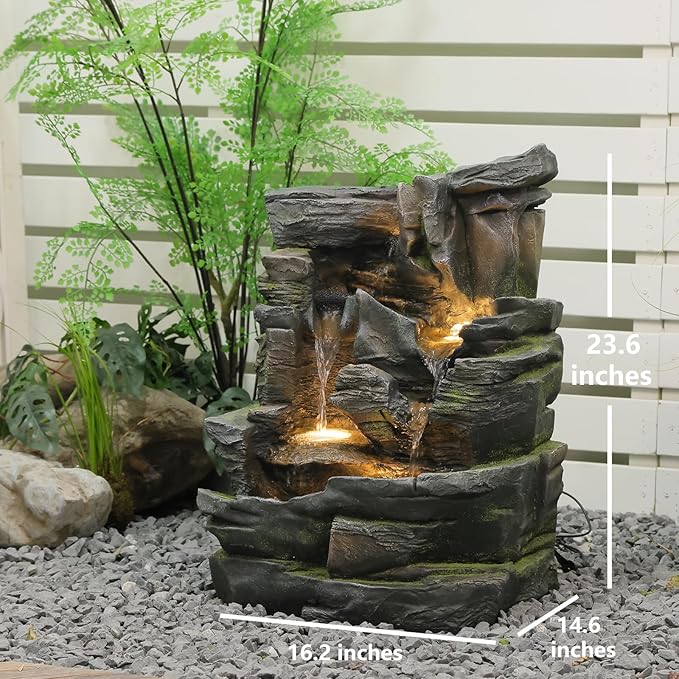 Sunlinua 5-Tier Cascading Rock Water Fountain Outdoor - 23.6”H Indoor/Outdoor Modern Floor Standing Water Fountain Garden, Patio, Backyard, Deck, Porch and Home Art Decor