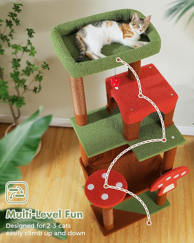 MUTTROS Mushroom Cat Tree Tower with Removable Scratcher, Large Hammock, Condo, Perch, 3 Sisal Posts – Multi-Level Cat Tree for Indoor Cats, Cute Cat Tower for Small Space Homes