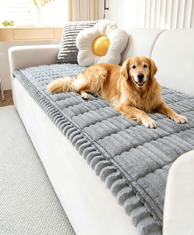 OTOB Dog Couch Covers for 3 Cushion Washable Non Slip Plush Pet Friendly Bed Mat Sofa Cover for Dogs, All Seasons Cozy Soft Fuzzy Furniture Protector Sofa Slipcovers (Gray, 27.6" x 59.1")