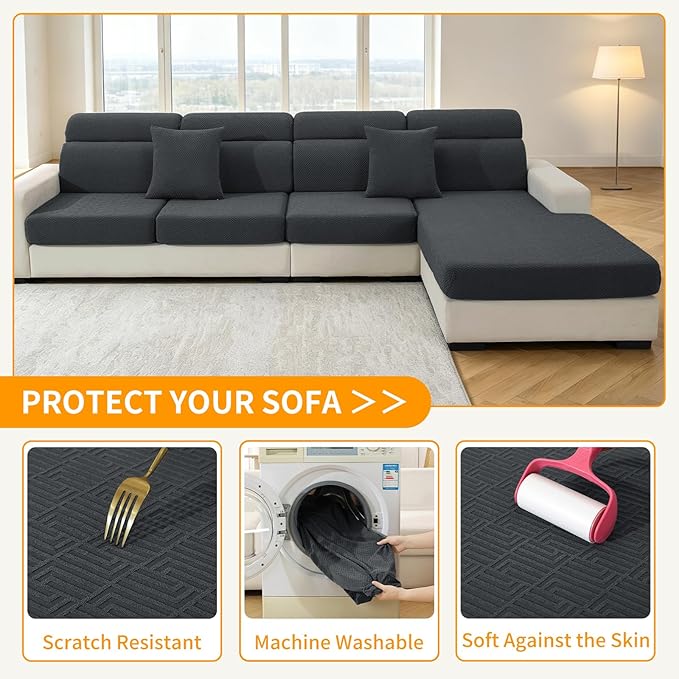 XINEAGE Couch Cushion Covers Seat Cushion Cover Thick Stretch Sofa Slipcovers 3 Piece Individual Couch Covers with Elastic Bottom(3 Seat Cushion/Backrest,Dark Gray)