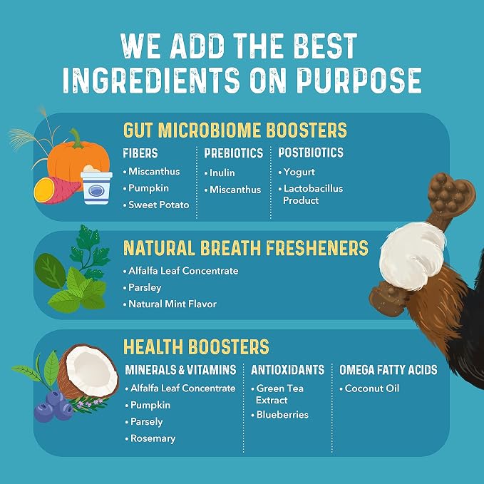 Bernie's Charming Chompers - Daily Dental Chews for Dogs 51-100 Lbs. - 24 Count - Cleans Teeth, Freshens Breath, + Boosts Oral-Gut Microbiome. Easy to Digest, Supports Healthy Digestion Naturally