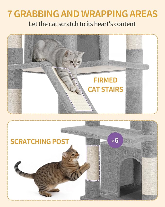 Hzuaneri Large Cat Tree, 72 Inch Tall Indoor Cat Tower for 6 Large Cats, Corner Climbing Activity Pet Condo with 2 Large Platforms/2 Cats House/6 Scratching Post/1 Hanging Basket, Light Gray MS18318LG