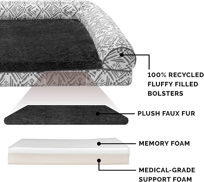 Furhaven Memory Foam Dog Bed for Large Dogs w/ Removable Bolsters & Washable Cover, For Dogs Up to 125 lbs - Plush & Southwest Kilim Woven Decor Sofa - Boulder Gray, Jumbo Plus/XXL