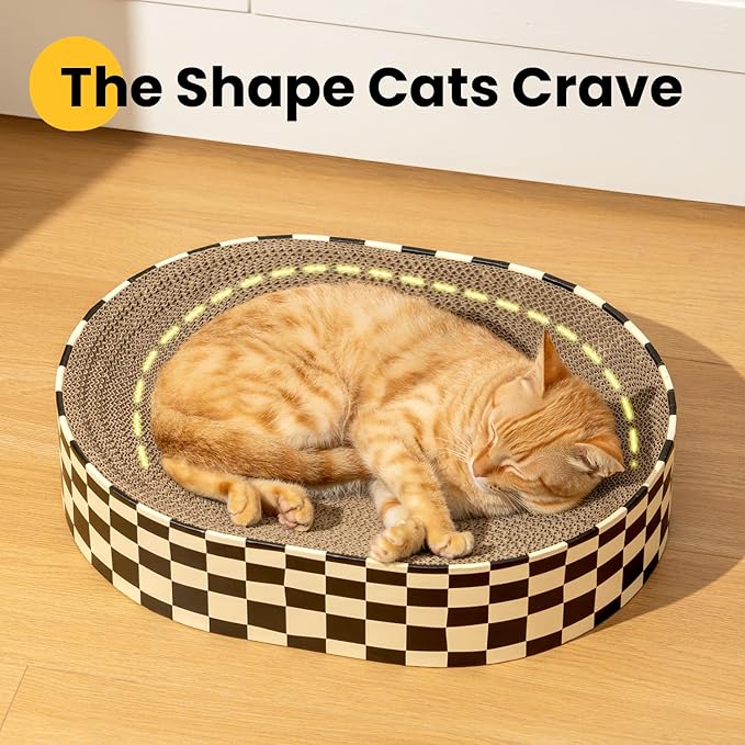 Conlun Large Oval Cat Scratcher Bowl, Cardboard Cat Scratching Pad & Lounge Bed, High-Density Reversible Cat Nest for Large Indoor Cats, Furniture Protector with Ergonomic Curve, Gift Catnip Included