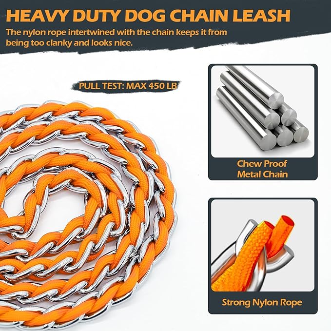Chain Dog Leash Chew Proof Metal Leash for Medium Large Dogs, Chain Link Dog Anti Chew 5.2FT / 4FT Strong Anti Bite Comfortable Soft Padded Handle (Orange, 4FT(5-30lb))