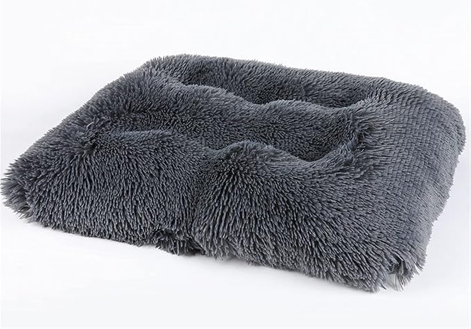 Long Plush Calming Pet Bed Cuddler Pet Bed for Dogs and Cats Fluffy Faux Fur Dog Bed with Anti Slip Bottom Machine Washable Pet Sleep Bed Crate Mat Dark Grey L