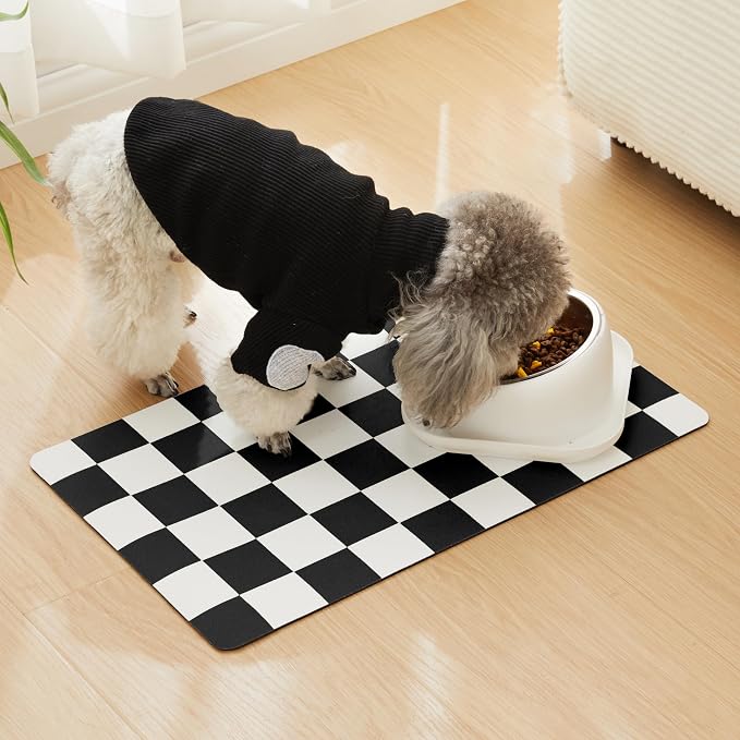 Checkered Dog Feeding Mat, Absorbent Mats for Dog Food and Water Bowl, Dispenser, Feeder, Retro Aesthetic Black Checkerboard Pet Placemat for Dogs, Cats, Puppy Accessories, 16" X 24”