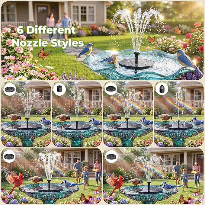 AISITIN Solar Bird Bath Fountain with 6 Nozzles, Solar Powered Floating Water Fountain Pump for Bird Bath, Pond, Pool, Garden, Fish Tank and Outdoor