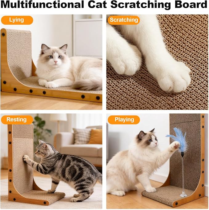 Goosheep 22in L-Shaped Cat Scratcher 2-in1 Scratching Board for Indoor Cats Protecting Furniture Cardboard Box Scratch Pad, Scratching Posts with Feathered Toy