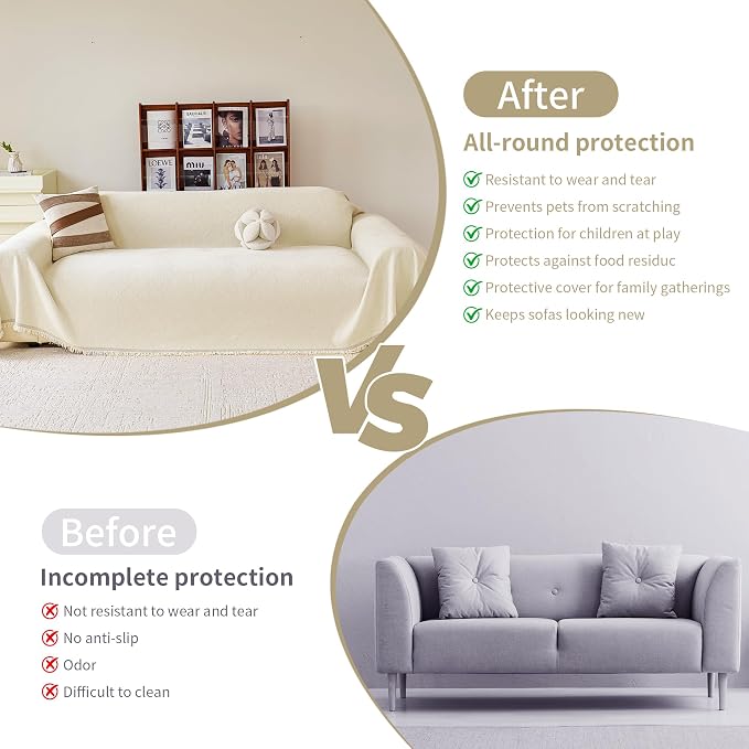 VANJOROY Beige Oversized Couch Sofa Cover for 3-4 Cushion Sectional Sofa L-Shape -Washable Chenille Couch Cover for Dogs Pets, Boho Couch Cover Protector Soft Sofa Slipcovers with Tassel,91"x 150"