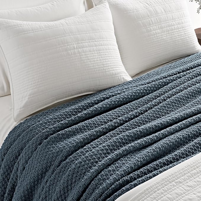 EVERGRACEHOME Chunky Chenille Knit Throw Blanket for Couch, Soft Luxurious Oversized Queen Moss Stitch Blanket for Bed, Cozy Farmhouse Knitted Throw for Sofa, Stormy Blue, 90" x 90"